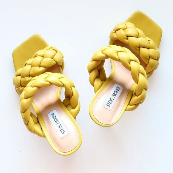 Steve Madden Kenley Yellow Braided Strap High Heel Square Toe Sandals Shoes 6.5 - Picture 15 of 16